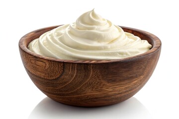 Wooden bowl filled with thick, creamy yogurt isolated on white background