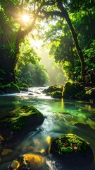 A sun-drenched jungle stream flows over moss-covered rocks, with lush green foliage and dappled sunlight filtering through the canopy.