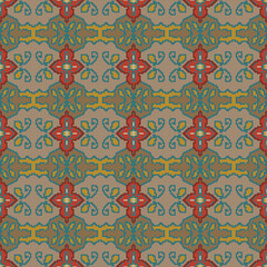 A seamless folk art pattern with a cross-stitch or woven texture. The design features horizontal stripes of stylized geometric and floral motifs in earthy tones of red, blue, and yellow on a beige bac