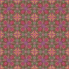 This is a vibrant and intricate pixelated pattern with a repeating floral and geometric motif. The design has a hand-drawn or textured appearance with a distinct crumpled paper or fabric-like.