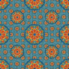 Colorful mandala-inspired seamless pattern on blue textured background, perfect for fabric, wallpaper, textile design, boho projects, and digital prints.