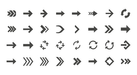Diverse arrow collection pointing forward, rotating and indicating direction, navigation and movement
