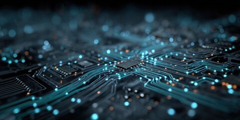 Intricate detail of a circuit board with glowing blue lines and microchips, dark background