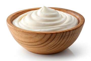 Creamy yogurt in a wooden bowl isolated on white background