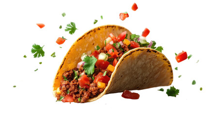 Mexican one taco or tacos flying and falling isolated on white background