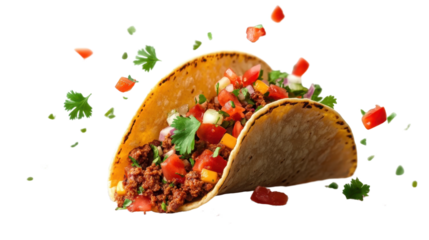 Mexican one taco or tacos flying and falling isolated on white background