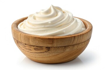 Creamy whipped cream in a wooden bowl isolated on white background