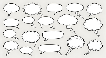 Collection of hand drawn speech and thought bubbles in various styles