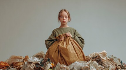 Young girl holding a reusable bag over a pile of litter symbolizing eco awareness and waste reduction with simple clean background and focus on sustainability and environment