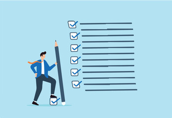 Businessman expertly holds pencil while ticking all completed tasks on checklist, illustrating getting things done. Concept of accomplishment, progress in projects, and satisfaction of achieving goals