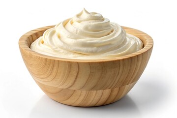 Swirl of creamy yogurt in a wooden bowl isolated on white