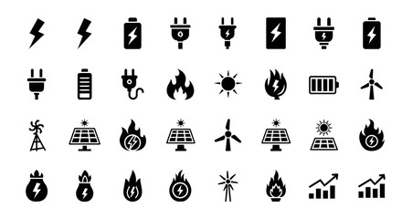 Dynamic energy icons represent renewable power, battery storage, and market growth for sustainable solutions