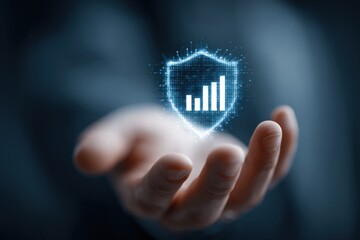 Hand cradles a glowing shield with a data chart, representing digital security and protection