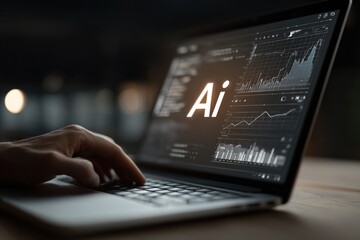 Close-up of a person using a laptop with "AI" displayed and a data graph on the screen