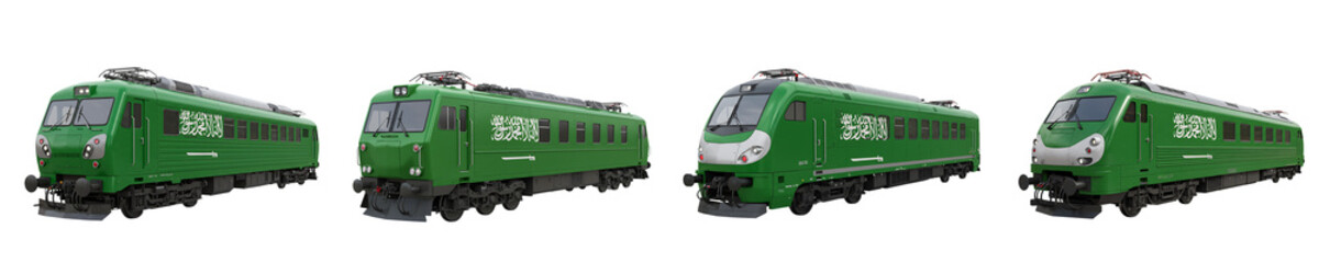 Obraz premium Saudi Arabian flag painted on the high speed train. Rail travel in the Saudi Arabia, concept. 3D rendering isolated on transparent background