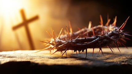 Close-up of a sharp crown of thorns with a blurred wooden cross in the background, featuring natural lighting and a neutral backdrop, symbolizing sacrifice and faith.