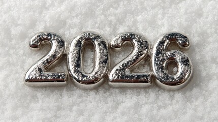 new 2026 year, Close-up of a silver metal number mounted on a smooth white surface, highlighting texture and minimalistic design with soft lighting.