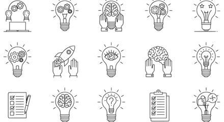 Inspiring ideas collection, innovative concepts and business solutions with lightbulbs and brains