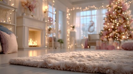 Cozy living room with decorated Christmas tree and lit fireplace, featuring warm lighting and festive holiday decor in a modern home interior.