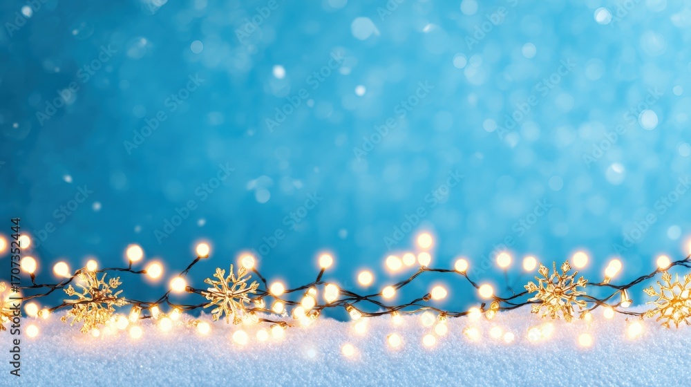 Poster close-up of snow-covered surface illuminated by warm, glowing string lights creating a festive, cozy