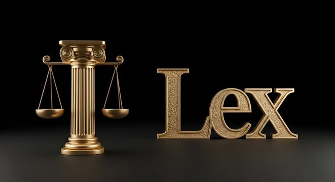 Golden scales of justice and "Lex" text symbolize legal principles and the pursuit of truth