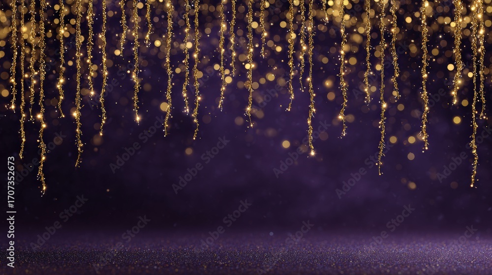 Wall mural close-up of a vibrant purple background illuminated by soft, scattered gold bokeh lights, creating a