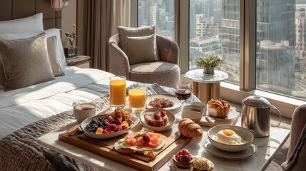 Luxury breakfast in bed with city view