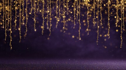 Close-up of a vibrant purple background illuminated by soft, scattered gold bokeh lights, creating a festive and elegant visual effect.