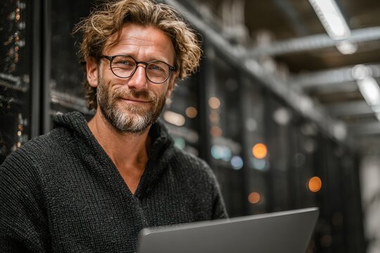 Man with glasses in a server room, holding a laptop, smiling at the viewer
