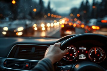View from inside a car on a busy street at dusk, with bokeh lights and driver's hand on the wheel