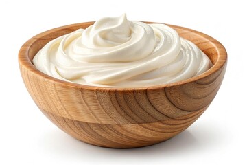 Creamy yogurt in a wooden bowl isolated on white background