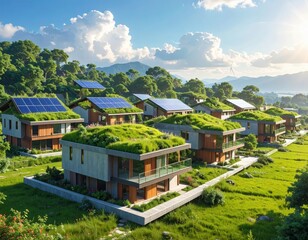 A serene, sustainable housing development with green roofs and solar panels, nestled amidst lush greenery and mountains, under a vibrant sky.