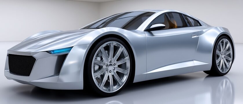 Futuristic silver sports car with sleek design on a reflective surface