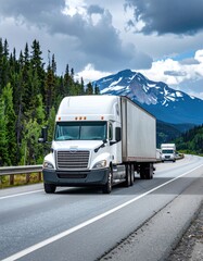 Obraz premium White semi-truck traverses asphalt highway with mountain views, forest, and cloudy sky in picturesque setting, another truck trails far behind