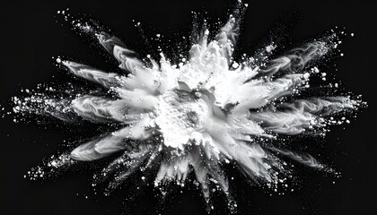 Eruption of white dust against a black background, forming an explosive starburst pattern with soft gradations and sharp details