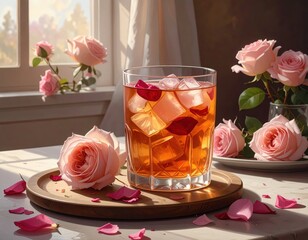 A glass of iced tea, adorned with rose petals, sits on a wooden tray amidst a collection of delicate pink roses, bathed in natural light.