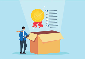 Businessman reviews quality with passed checklist, illustrating Quality Control, QC. Concept of ensure excellence in product and service delivery by checking and certifying that standards are met 