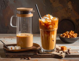 A glass carafe of coffee and a tall iced caramel macchiato, both beautifully presented on a rustic wooden surface.