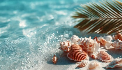 Seashells and palm leaf resting on sandy beach as gentle waves roll in