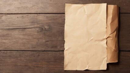 Crumpled Beige Paper and Rolled Brown Paper on Dark Wooden Surface, TopDown Perspective with Visible Texture and Grain.