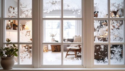 Frosty Winter Window with White Snowflake Decals at Twilight Interior Room Scene with Lavender to Deep Blue Sky and Soft Indoor Lighting