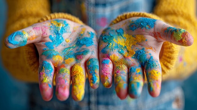 Child showing hands covered in colorful paint splatter