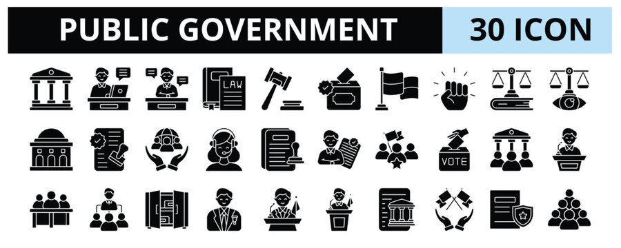 30 Public Government Glyph Icons Vector - Executive, Republic, Public Law, Governance, Notary, Congress, Cabinet, Mayor, Governor, Diplomacy