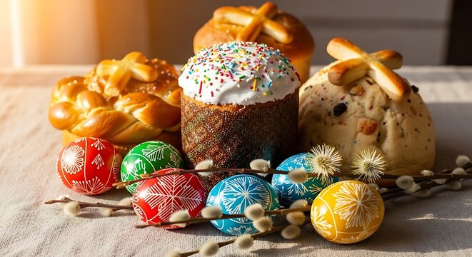 Festive easter cakes and decorated eggs bring spring celebration cheer
