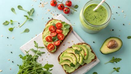 Two avocado toasts with cherry tomatoes and sliced avocado served with green smoothie and fresh greens full hd 4k stock image download
