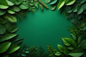 Lush green leaves frame a deep emerald background with natural textures