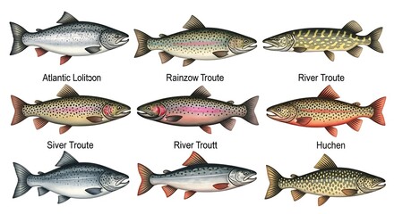 Collection of Nine Trout Species Illustrations.