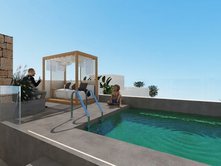 HOUSE TOUR DE HOTEL DE ESTILO MEDITERRANEO MODERNO . TERRAZA CON PISCINA 