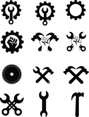 Labor Tools Icon Set,  
Industrial Gear Symbol Pack,  
Mechanic Emblem Vector Collection,  
Black and White Engineering Icons
