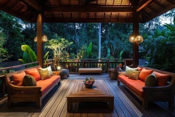 Fototapeta premium A wooden patio with a couch and a table
